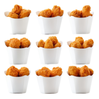 Enjoy a delicious collection of fried chicken in a transparent paper box with a buckled top served on a clean backdrop, fried chicken in transparent paper box bucket isolated on transparent background png