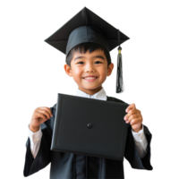 Happy Asian school child graduate proudly displaying diploma in cap and gown, Happy Asian school kid graduate holding graduation cap isolated transparent background png