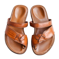 Stylish brown tan leather sandals suited for warm weather outdoor activities and casual summer outings, Sandals made of browntan leather isolated on a transparent background png