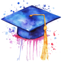 Watercolor graduation cap design with vibrant colors and artistic splashes perfect for celebrating academic achievements, graduation cap isolated png