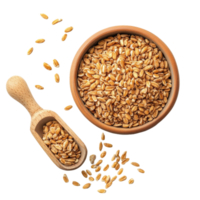 A closeup view of wheat germ in a wooden bowl with a scoop on a transparent background for healthy eating inspiration, Wheat germ in a bowl and scoop on transparent background png