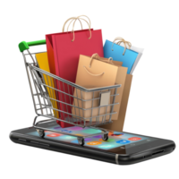 Exciting online shopping event featuring a smartphone and shopping cart filled with colorful bags, file no background Online shopping big sale on smartphone png