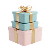 Charming stack of pastel gift boxes adorned with golden ribbons for festive celebrations, Stack of 4 Gift boxes with golden ribbon 3d render pastel color isolated on transparent background png