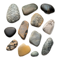 A collection of uniquely shaped stones arranged on a transparent background showcasing natural beauty and variety, stones of different shapes, sizes, transparent background png