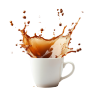 Coffee cup spilling brown liquid with dramatic splash on clean transparent surface, Coffee cup splash spilled coffee on transparent background png