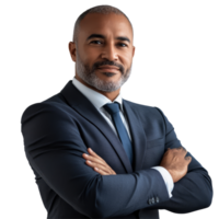 Confident corporate professional in a suit posing against a neutral background for businessoriented branding, file no background Confident corporate businessman posing with arms crossed png
