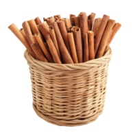 A basket filled with aromatic cinnamon sticks placed against a clean transparent background, Cinnamon in basket on transparent background png