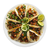 Top view of a vibrant platter of tacos al pastor garnished with fresh cilantro, onions, and lime wedges served, Top view delicious tacos al pastor food plate on a transparent background png