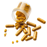 Herb turmeric capsules spilling from a jar on a clean transparent background, showcasing their vibrant color and texture, herb turmeric capsules spilling on transparent background png