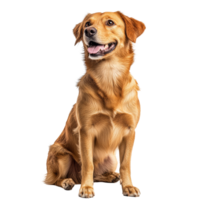 The golden retriever sits upright with a joyful expression, its tongue out, embodying happiness, dog isolated on transparent background png