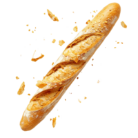 Freshly baked baguette with crispy crumbs scattered on a transparent surface, Fresh Baguette with Crispy Falling Crumbs isolated on transparent background Image png