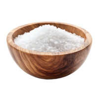 Natural coarse salt in a wooden bowl isolated against a clean transparent background, Salt in wood bowl isolated on transparent background png