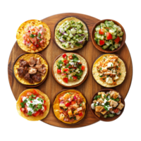 A delightful assortment of homemade tostadas served on a wooden platter with fresh toppings on a bright backdrop, Tostadas on wood plate top view isolated on transparent background png