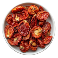 Dried tomatoes in a transparent plate isolated on a clean background, showcasing vibrant colors and unique textures, dried tomato in plate isolated on transparent background png