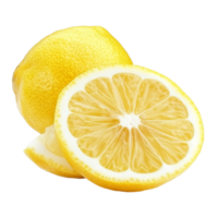 Fresh lemon and a halfcut slice isolated on a bright transparent background showcasing its vibrant color and texture, Lemon and cut half slice isolated on transparent background png