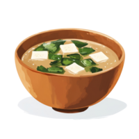 Miso soup garnished with tofu and green onions in a wooden bowl on a transparent background, Miso soup on bowl transparent background png