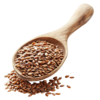 A wooden spoon filled with a heap of flax seeds resting against a transparent background for healthy nutrition, Flax seeds heap in wood spoon on transparent background png
