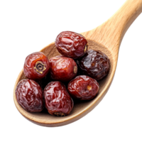 Dried jujubes resting in a wooden spoon on a clean transparent background showcasing their rich color and texture, Jujube Chinese dried in wood spoon on transparent background png