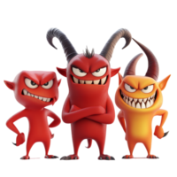 Cartoon devil characters in vibrant colors standing together on a transparent background, 3D Cartoon Devil Characters on transparent background png