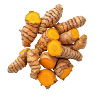 Fresh turmeric roots isolated against a clean transparent background showcasing their vibrant orange interior, Turmeric isolated on transparent background png