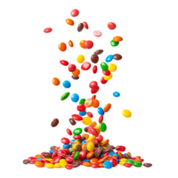 Colorful candies in a vibrant cascade falling on a transparent background creating a playful and cheerful display, colorful candies falling isolated on transparent background png