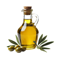 Fresh olive oil in a clear glass bottle with cork, garnished with olives and olive leaves on a transparent background, Olive oil in a glass bottle isolated png