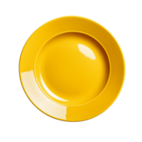 A bright yellow empty plate rests on a clean transparent background, ready for a delicious meal at any time, yellow empty plate on transparent background png