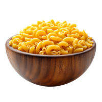 A rustic wooden bowl filled with macaroni pasta against a clean transparent background, macaroni in wood bowl on transparent background png