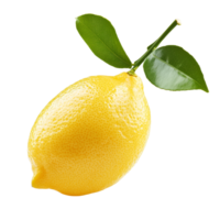 Fresh lemon with green leaves isolated on a clean transparent background displaying its vibrant yellow color, lemon isolated on transparent background png
