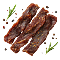 Dried meat strips with spices on a transparent background perfect for snacking or culinary use, dried meat strips isolated on transparent background png