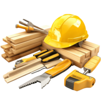 Carpentry tools and safety helmet arranged with wooden planks in a workshop during daylight hours, Carpentry tools with safety helmet png