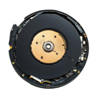 Disassembled hard disk drive showcasing internal components and magnetic platters during examination, Hard disk drive disassembly open cover show magnatic disk circle inside on transparent background png