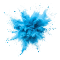 Cyan powder explosion creating a vibrant cloud against a transparent background showcasing an artistic view of color dynamics, cyan color powder pulver explosion isolated on transparent background png