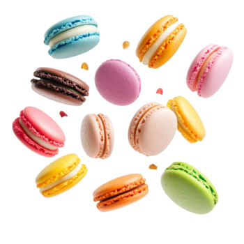 Colorful macarons floating in the air, creating a whimsical confectionery display, various colorful of macarons floating on the air isolated on transparent backgroud png
