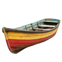 A small, colorful boat with weathered paint on a transparent background, ideal for coastal adventures or leisurely outings, Small boat isolated on transparent background png