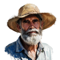 Portrait of a wise old farmer with a straw hat and a thoughtful expression on a bright transparent background, Wise Old Farmer Portrait on transparent background png