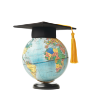 Graduation globe with mortarboard displayed on a plain transparent background to symbolize global education and achievement, Graduated Globe with Mortarboard on transparent background Global Education png
