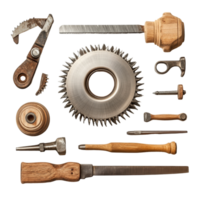 A collection of assorted woodworking tools and a circular saw blade arranged neatly on a transparent background, Saw blade with work tools isolated png