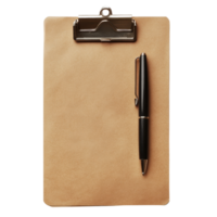 A small brown clipboard with a pen placed on a transparent background ready for notes and organizing tasks, Small brown clipboard with pen. Single clipboardwriting board with papers png