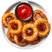 Crispy onion rings served with ketchup in a simple transparent plate on a clean background, onion rings on a plate on transparent background png