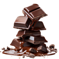 indulgente líquido chocolate cascada terminado apilado chocolate barras en contra un limpiar transparente fondo, líquido chocolate cascada alto calidad aislada en transparente antecedentes png