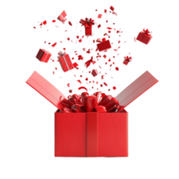 Colorful gifts exploding from a vibrant red gift box against a transparent background during a festive celebration, Gifts bursting out from red open gift box over transparent background png
