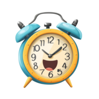 Cheerful alarm clock cartoon character smiling against a plain transparent background, Alarm clock cartoon character isolated on transparent background png