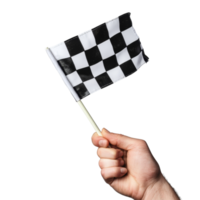 A hand holding a checkered flag on a transparent background signals the end of a race or event, hand holding a checkered flag isolated on transparent background png