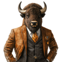 A bison leader in business attire stands confidently against a transparent background, Bison Leader in Business Attire on transparent background png