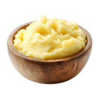 Delicious mashed potatoes served in a rustic wooden bowl on a clean transparent background, Mashed potatoes in a wooden bowl on a transparent background png