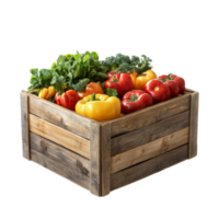 A wooden box filled with fresh vegetables on a transparent background showcasing colorful produce and healthy choices, wooden box with vegetables isolated on transparent background png