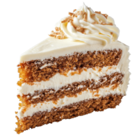Delicious isolated slice of carrot cake topped with creamy cheese frosting and garnished with nuts, Isolated slice of carrot cake with cheese cream png