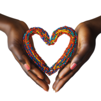 Hands adorned with a colorful beaded bracelet forming a heart shape on a plain background, African Hands with Beaded Bracelet Forming Heart Shape on transparent background png