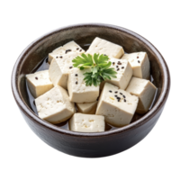 Freshly cut tofu cubes served in a bowl with herbs on a clean transparent background for culinary presentation, Tofu in bowl on transparent background png
